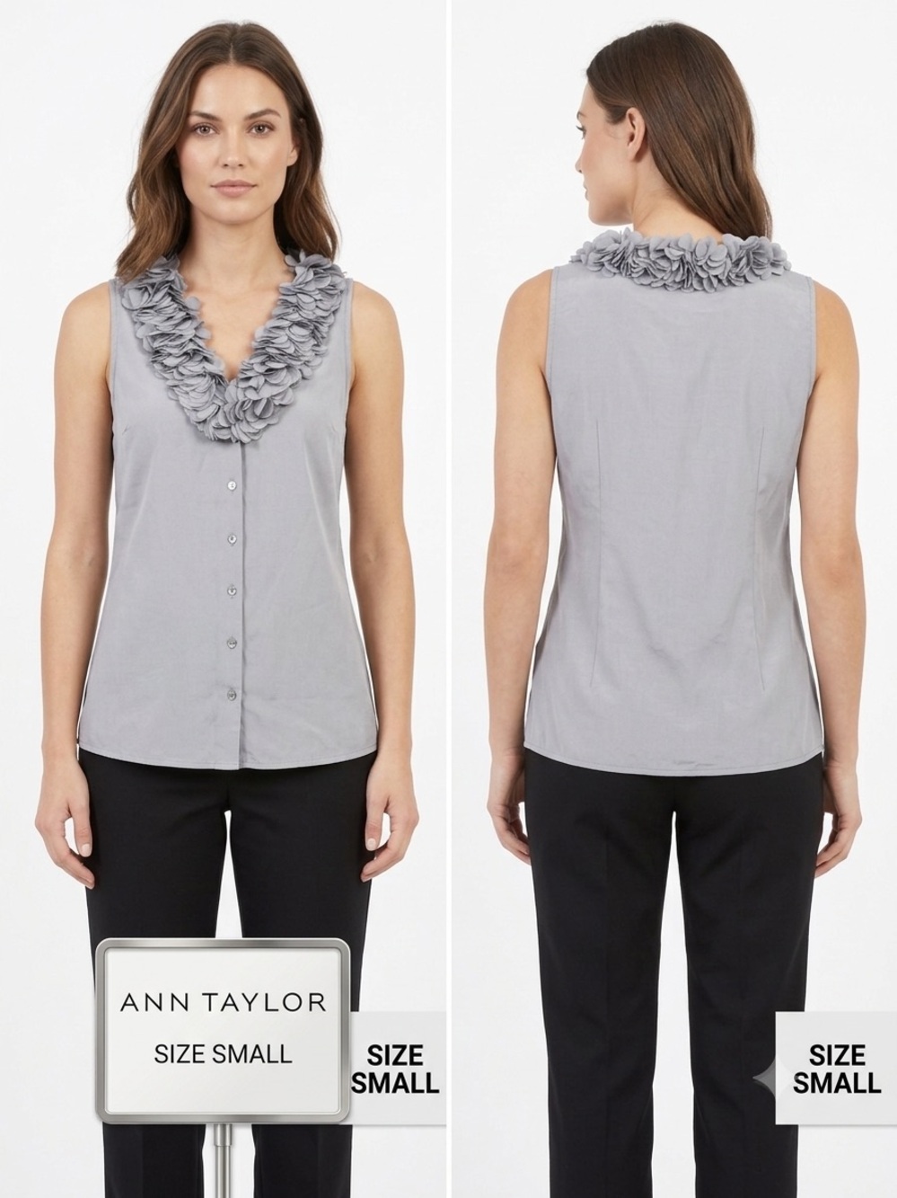 Ann Taylor Light Gray Silk Sleeveless Ruffle V-Neck Blouse Small